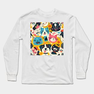 Eclectic Happy Pets and Nature Pattern Long Sleeve T-Shirt